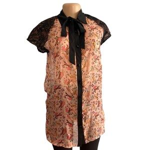 Disneyland Hong Kong Minnie Floral Sheer Blouse with Black Lace and Bow